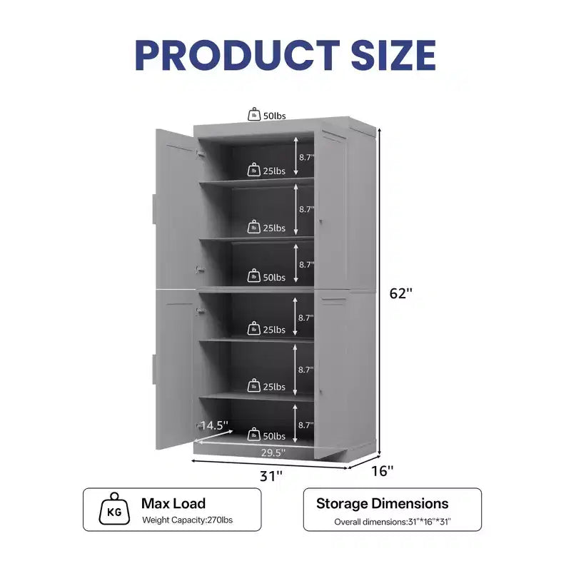 PexFix Armoire de cuisine 62 po H, autoportante, à 4 portes, avec étagères réglables, placard de rangement robuste avec surface anti-rayures
