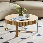 JVNOXK Table basse tambour moderne artisanale 80 cm ronde pour salon, avec piédestal robuste, naturel