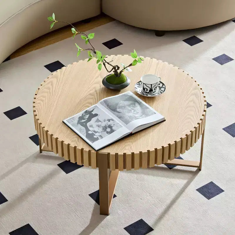 JVNOXK Table basse tambour moderne artisanale 80 cm ronde pour salon, avec piédestal robuste, naturel