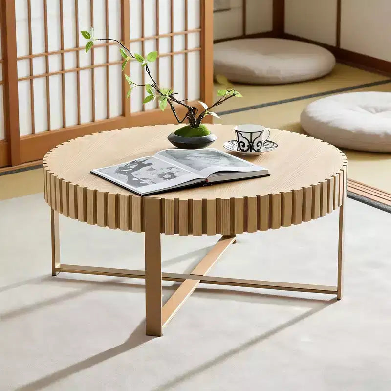 JVNOXK Table basse tambour moderne artisanale 80 cm ronde pour salon, avec piédestal robuste, naturel