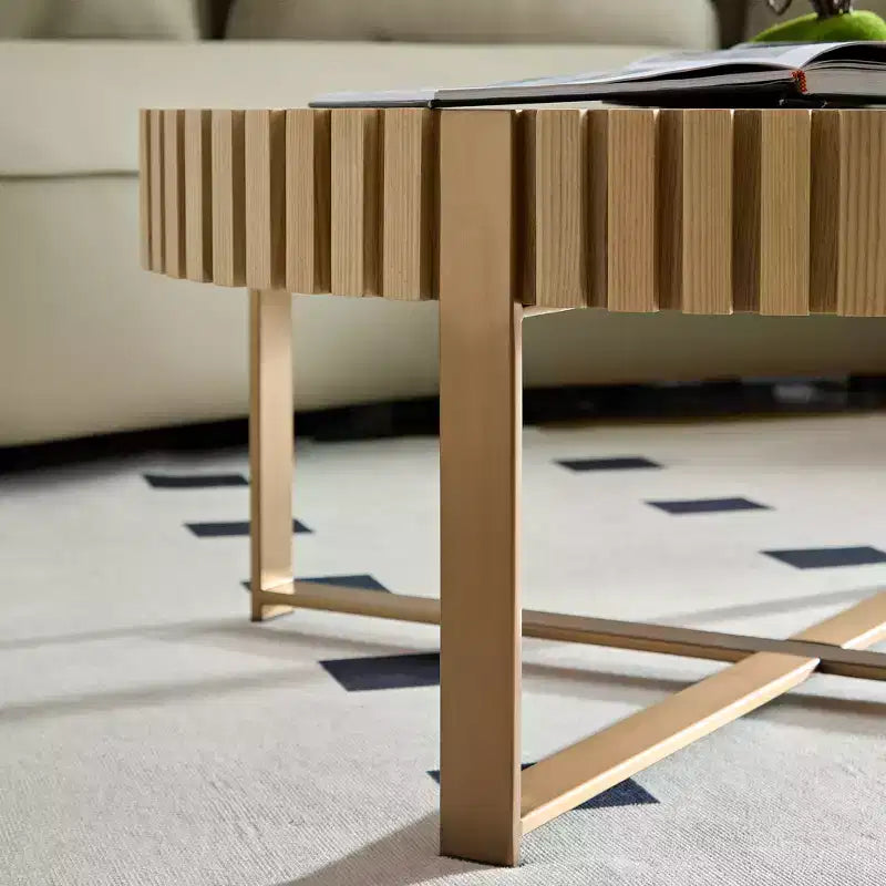 JVNOXK Table basse tambour moderne artisanale 80 cm ronde pour salon, avec piédestal robuste, naturel