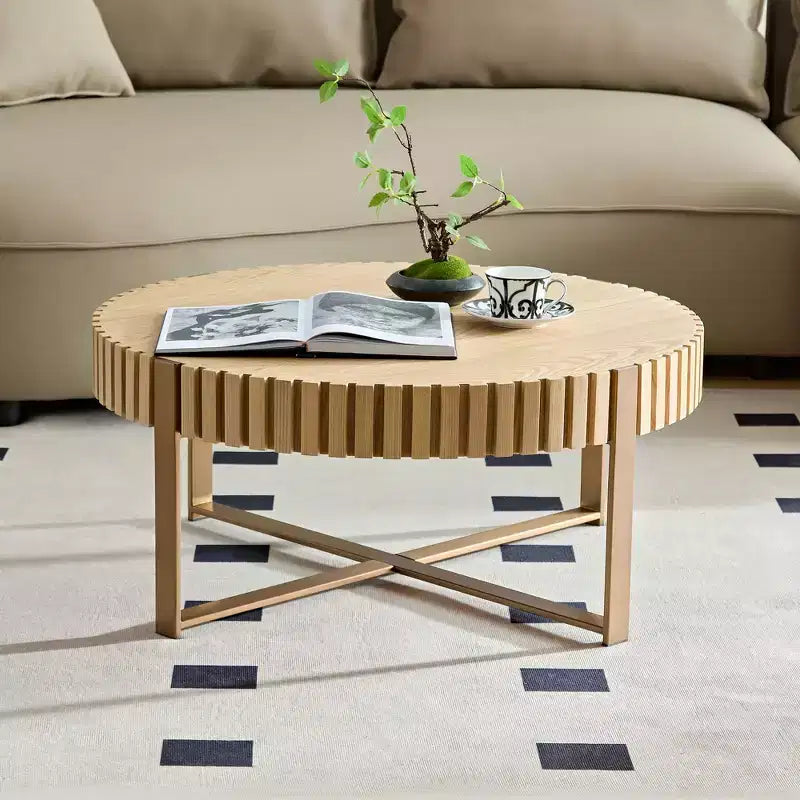 JVNOXK Table basse tambour moderne artisanale 80 cm ronde pour salon, avec piédestal robuste, naturel
