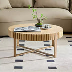 JVNOXK Table basse tambour moderne artisanale 80 cm ronde pour salon, avec piédestal robuste, naturel