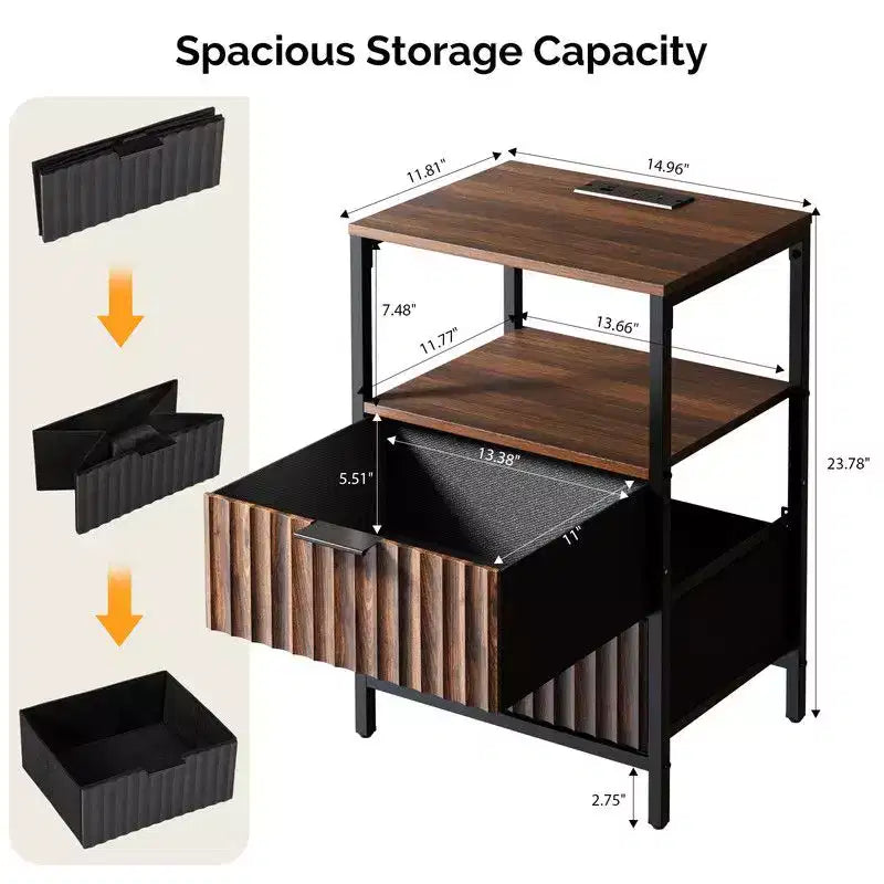 Table de chevet Karl Home de 38 cm de large - 2 tiroirs, 1 étagère, prise américaine