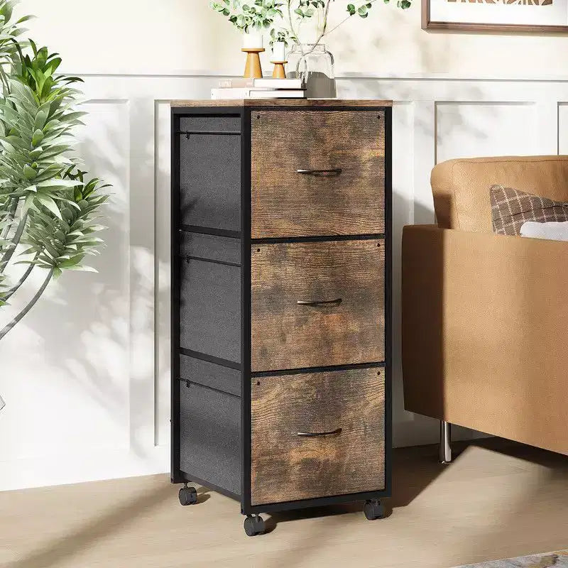Karl Home Classeur en bois à 3 tiroirs hauts et roulettes avec cadre en métal gaufré de 15 pouces