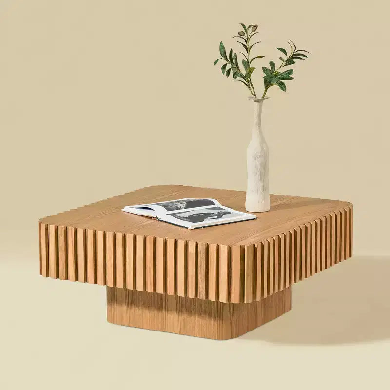 JVNOXK Table basse tambour moderne artisanale de 31,5 pouces, table basse carrée pour salon, avec piédestal robuste en MDF, couleur naturelle