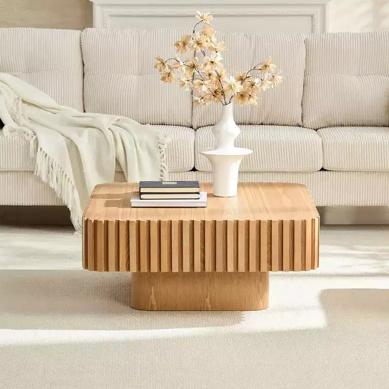JVNOXK Table basse tambour moderne artisanale de 31,5 pouces, table basse carrée pour salon, avec piédestal robuste en MDF, couleur naturelle