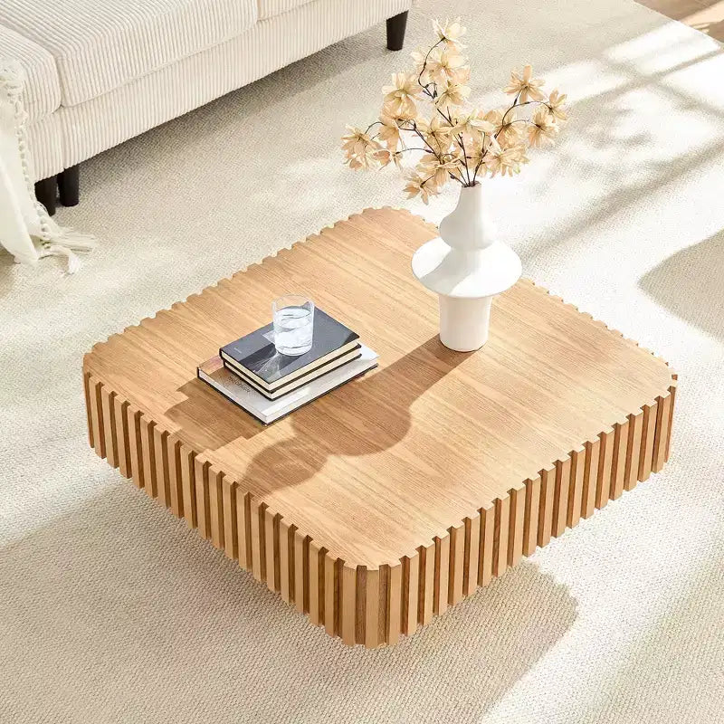 JVNOXK Table basse tambour moderne artisanale de 31,5 pouces, table basse carrée pour salon, avec piédestal robuste en MDF, couleur naturelle