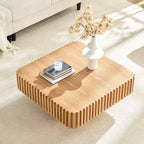 JVNOXK Table basse tambour moderne artisanale de 31,5 pouces, table basse carrée pour salon, avec piédestal robuste en MDF, couleur naturelle