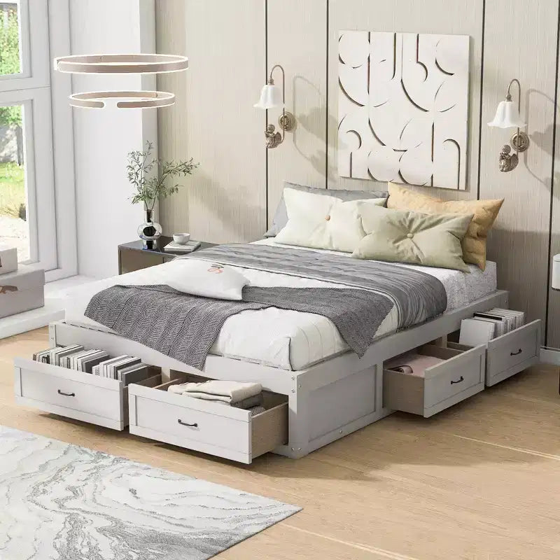 Lit plateforme en bois FAMYYT Queen Size avec 6 tiroirs de rangement, montage facile