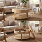 Table Basse JVNOXK avec Double Rangement pour Salon, avec Rangement et Compartiment Caché, Pieds Nivelants Réglables, Bois Naturel