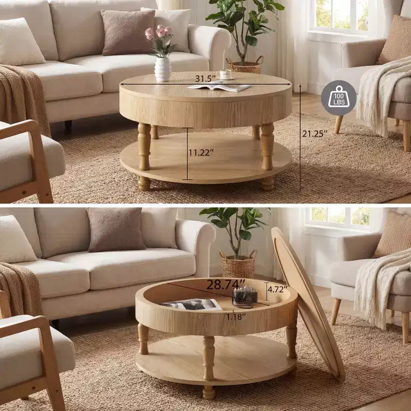 Table Basse JVNOXK avec Double Rangement pour Salon, avec Rangement et Compartiment Caché, Pieds Nivelants Réglables, Bois Naturel