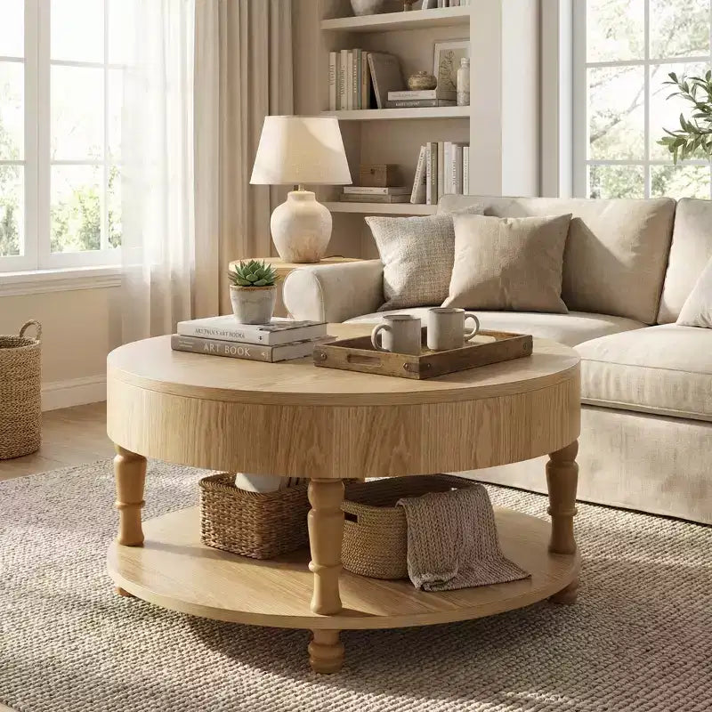 Table Basse JVNOXK avec Double Rangement pour Salon, avec Rangement et Compartiment Caché, Pieds Nivelants Réglables, Bois Naturel