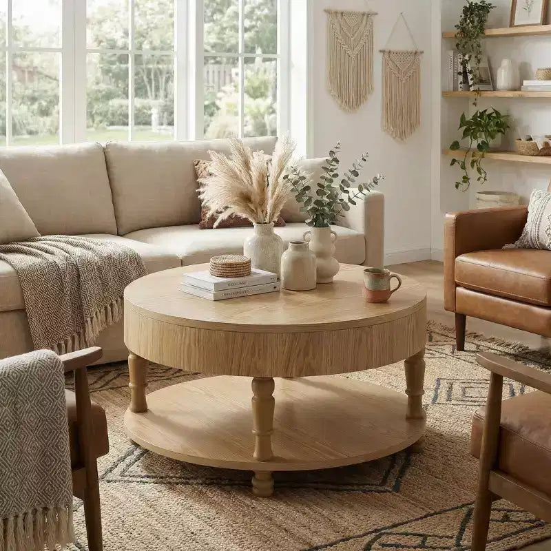 Table Basse JVNOXK avec Double Rangement pour Salon, avec Rangement et Compartiment Caché, Pieds Nivelants Réglables, Bois Naturel