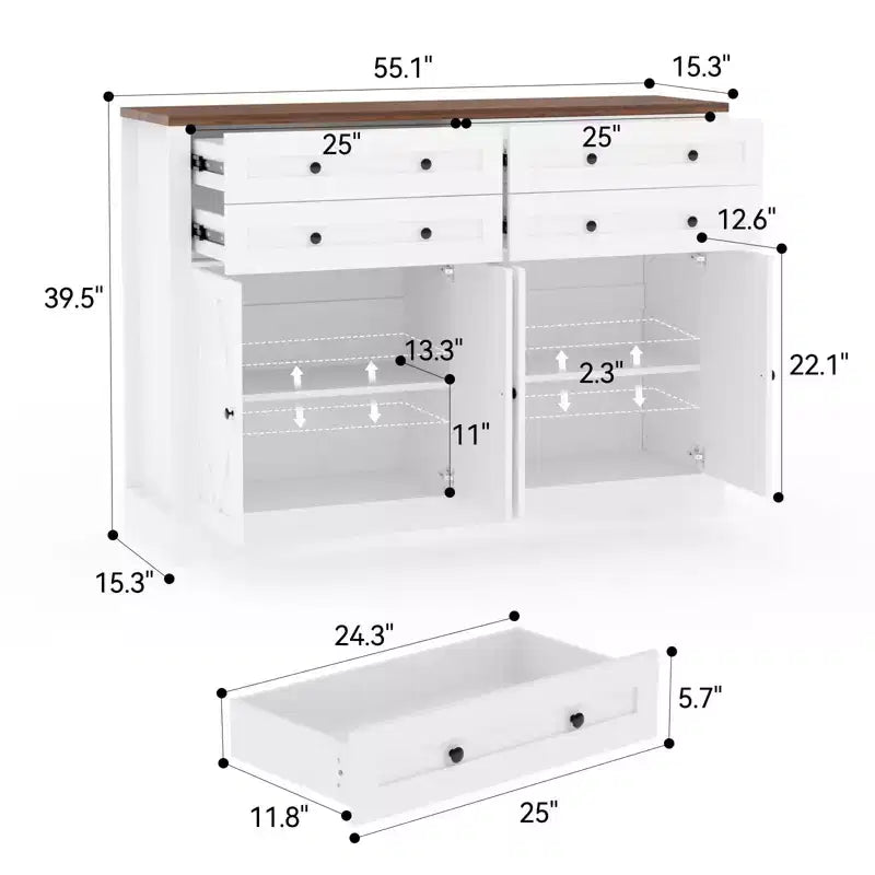 Buffet de Rangement avec Meuble, Bar à Café Grand en Bois de Ferme 140cm avec 4 Portes et 4 Tiroirs pour Cuisine Salon Salle à Manger