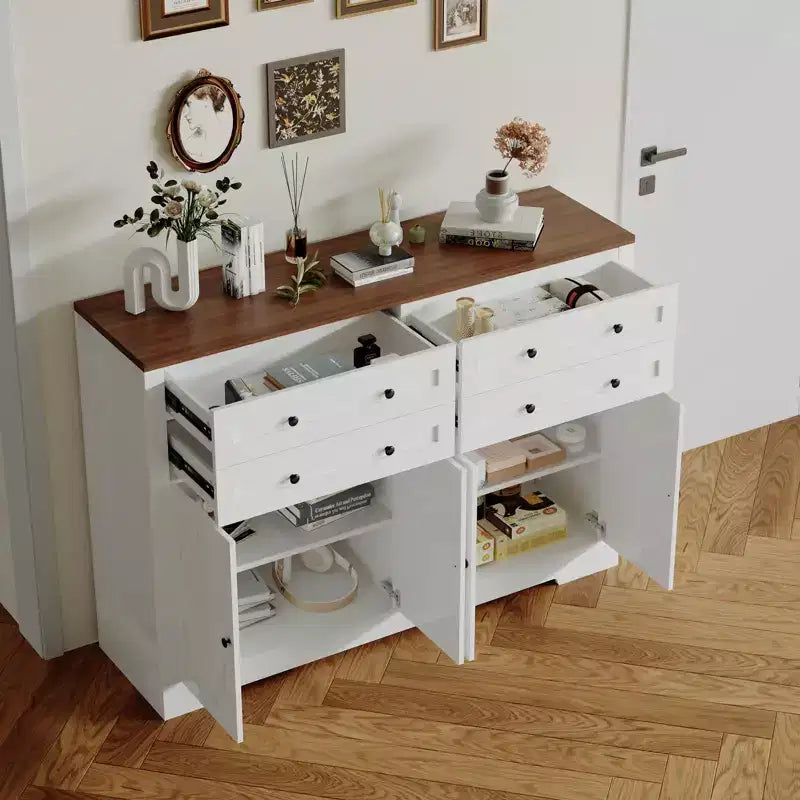 Buffet de Rangement avec Meuble, Bar à Café Grand en Bois de Ferme 140cm avec 4 Portes et 4 Tiroirs pour Cuisine Salon Salle à Manger
