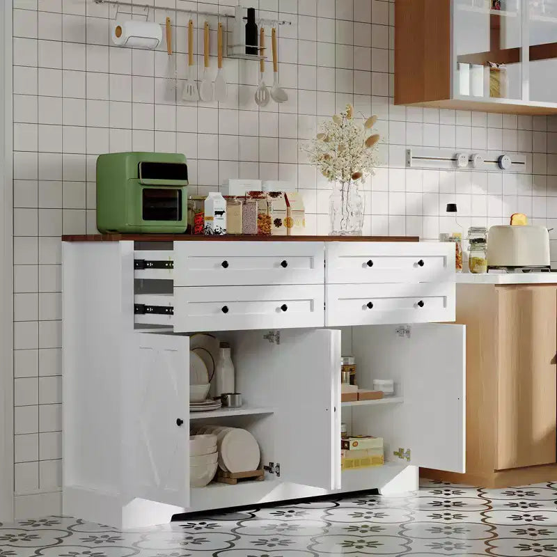 Buffet de Rangement avec Meuble, Bar à Café Grand en Bois de Ferme 140cm avec 4 Portes et 4 Tiroirs pour Cuisine Salon Salle à Manger