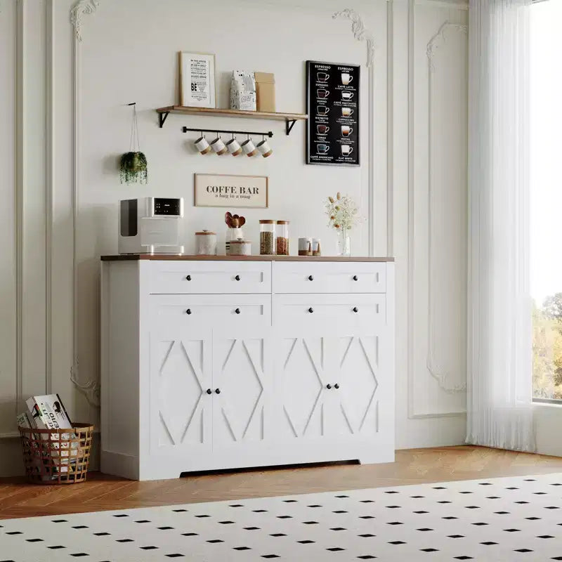 Buffet de Rangement avec Meuble, Bar à Café Grand en Bois de Ferme 140cm avec 4 Portes et 4 Tiroirs pour Cuisine Salon Salle à Manger
