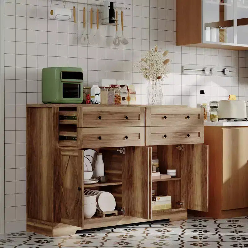 Buffet de Rangement avec Meuble, Bar à Café Grand en Bois de Ferme 140cm avec 4 Portes et 4 Tiroirs pour Cuisine Salon Salle à Manger