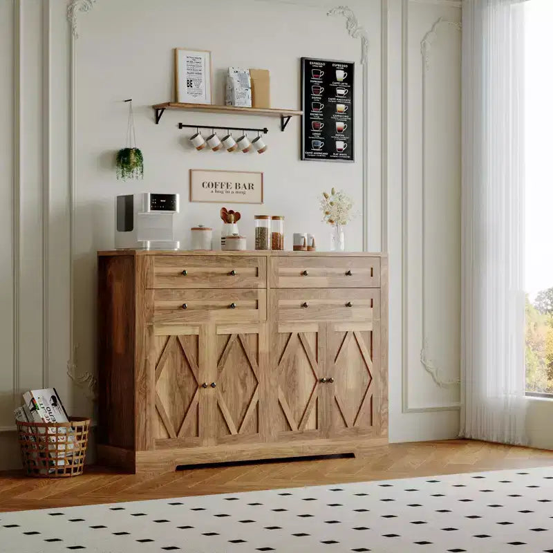 Buffet de Rangement avec Meuble, Bar à Café Grand en Bois de Ferme 140cm avec 4 Portes et 4 Tiroirs pour Cuisine Salon Salle à Manger