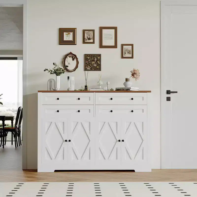 Buffet de Rangement avec Meuble, Bar à Café Grand en Bois de Ferme 140cm avec 4 Portes et 4 Tiroirs pour Cuisine Salon Salle à Manger