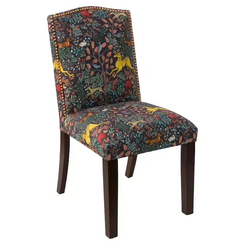 Chaise de salle à manger Skyline Furniture Ayala Frolic Navy à boutons et motif : Lin-coton mélangé rembourré, dossier en forme de bosse de chameau, pieds coniques en bois