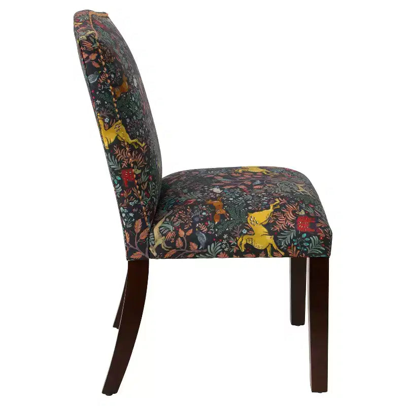 Chaise de salle à manger Skyline Furniture Ayala Frolic Navy à boutons et motif : Lin-coton mélangé rembourré, dossier en forme de bosse de chameau, pieds coniques en bois