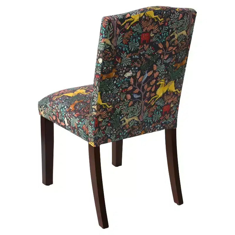 Chaise de salle à manger Skyline Furniture Ayala Frolic Navy à boutons et motif : Lin-coton mélangé rembourré, dossier en forme de bosse de chameau, pieds coniques en bois