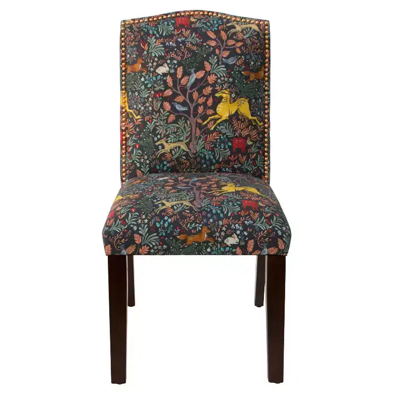 Chaise de salle à manger Skyline Furniture Ayala Frolic Navy à boutons et motif : Lin-coton mélangé rembourré, dossier en forme de bosse de chameau, pieds coniques en bois