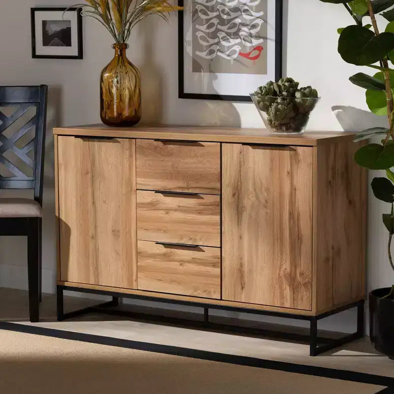 Buffet d'appoint 3 tiroirs Reid Wood & Metal Chêne/Noir - Baxton Studio