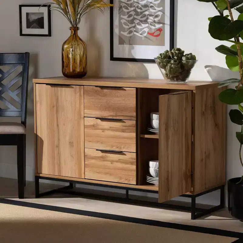 Buffet d'appoint 3 tiroirs Reid Wood & Metal Chêne/Noir - Baxton Studio