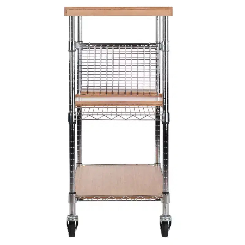 Desserte de cuisine Medera Naturel - Winsome : Dessus en bambou, Structure chromée, Roulettes blocables, Rangement pour bouteilles de vin