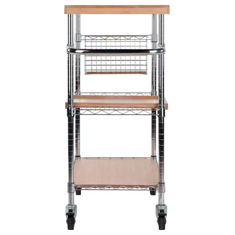 Desserte de cuisine Medera Naturel - Winsome : Dessus en bambou, Structure chromée, Roulettes blocables, Rangement pour bouteilles de vin
