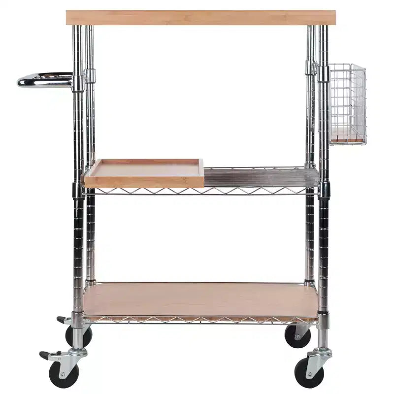 Desserte de cuisine Medera Naturel - Winsome : Dessus en bambou, Structure chromée, Roulettes blocables, Rangement pour bouteilles de vin