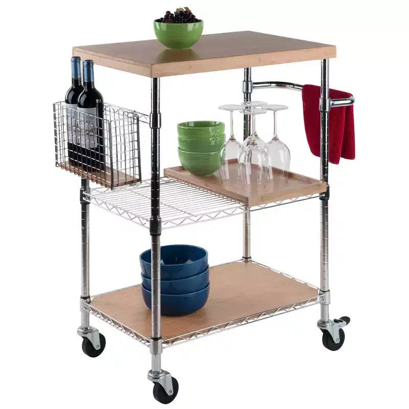 Desserte de cuisine Medera Naturel - Winsome : Dessus en bambou, Structure chromée, Roulettes blocables, Rangement pour bouteilles de vin