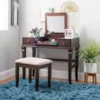 Angela Coiffeuse avec miroir relevable, 2 tiroirs et tabouret rembourré crème, bois traditionnel, Noyer - Linon