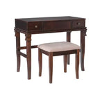 Angela Coiffeuse avec miroir relevable, 2 tiroirs et tabouret rembourré crème, bois traditionnel, Noyer - Linon