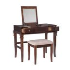 Angela Coiffeuse avec miroir relevable, 2 tiroirs et tabouret rembourré crème, bois traditionnel, Noyer - Linon