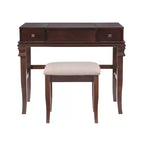 Angela Coiffeuse avec miroir relevable, 2 tiroirs et tabouret rembourré crème, bois traditionnel, Noyer - Linon