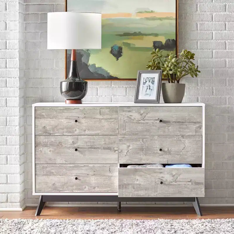 Commode 6 tiroirs Buylateral Crislana Mid-Century Moderne Gris/Blanc