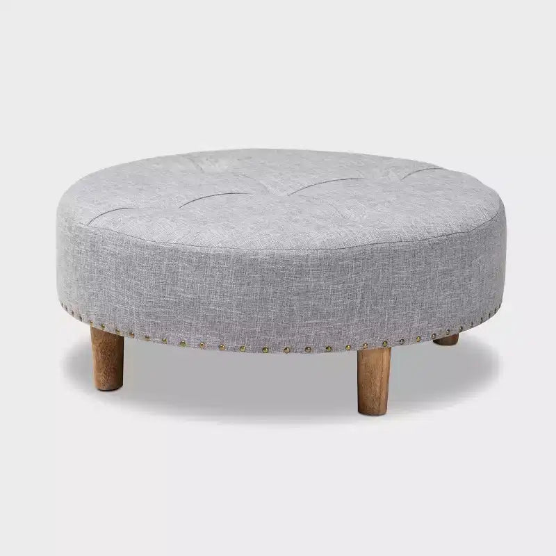 Baxton Studio Vinet Pouf Rond de Cocktail en Bois Naturel Gris : Table Basse Ronde Rembourrée Moderne, Capacité de 113 kg