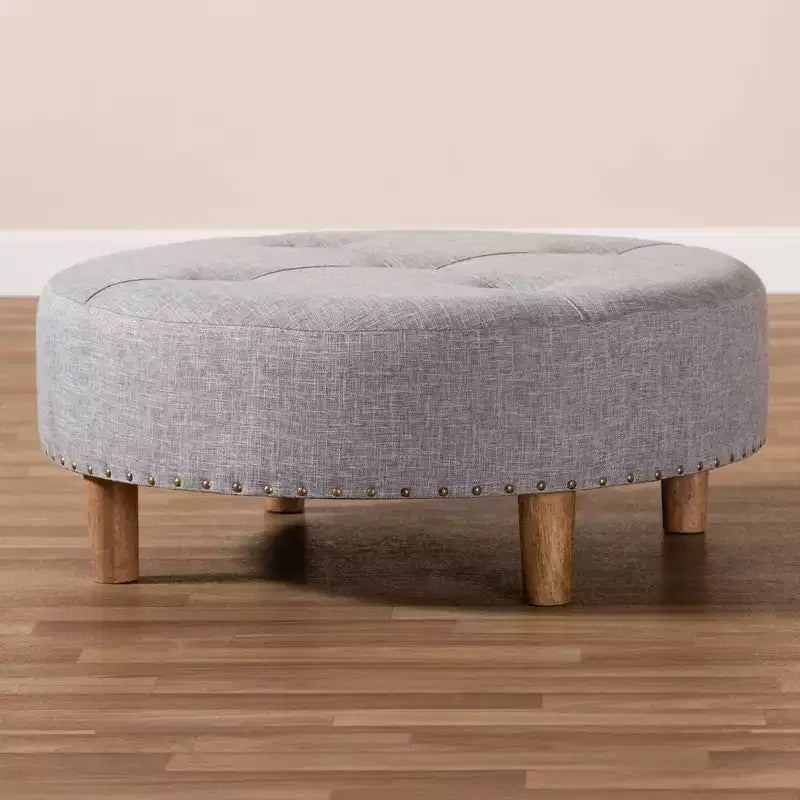 Baxton Studio Vinet Pouf Rond de Cocktail en Bois Naturel Gris : Table Basse Ronde Rembourrée Moderne, Capacité de 113 kg