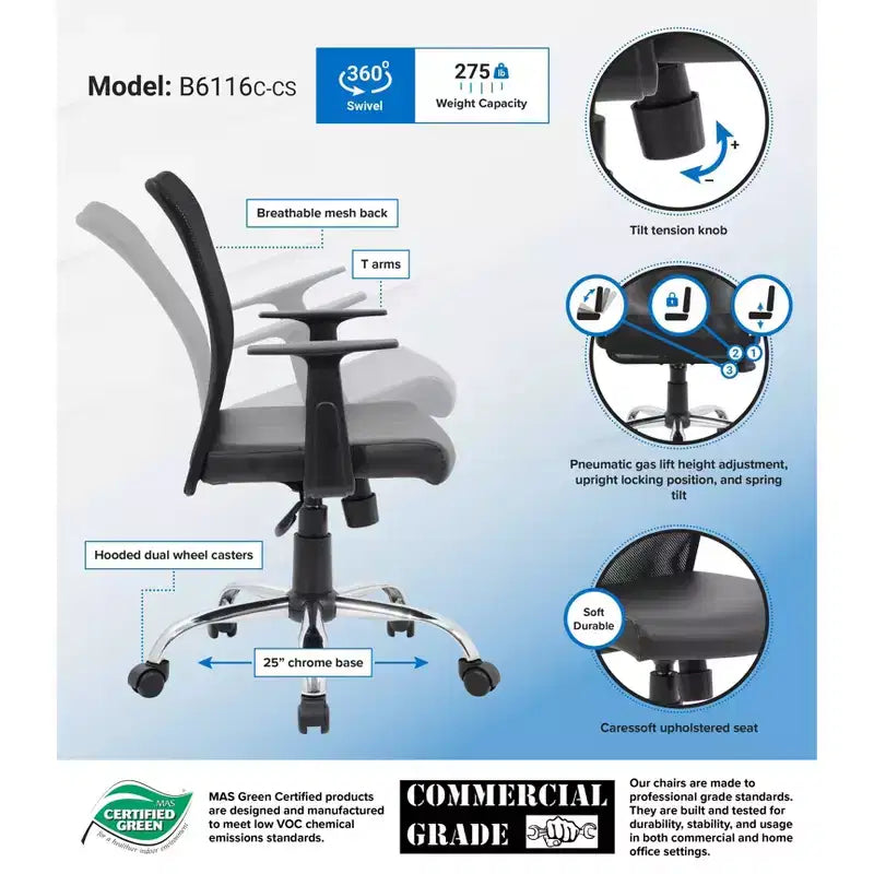 Fauteuil de travail en maille à accoudoirs fixes noir - Boss Office Products : Piètement chromé, vérin pneumatique, mécanisme d'inclinaison verrouillable