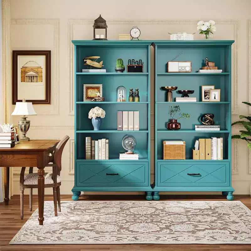 Bibliothèque LITTLE TREE 70,87 po à 6 tablettes avec tiroir et pieds en bois massif bleu océan