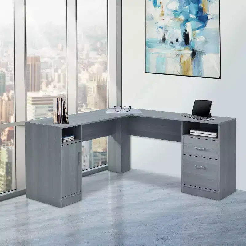 Bureau d'angle fonctionnel Techni Mobili avec rangement gris : bureau moderne avec tiroirs