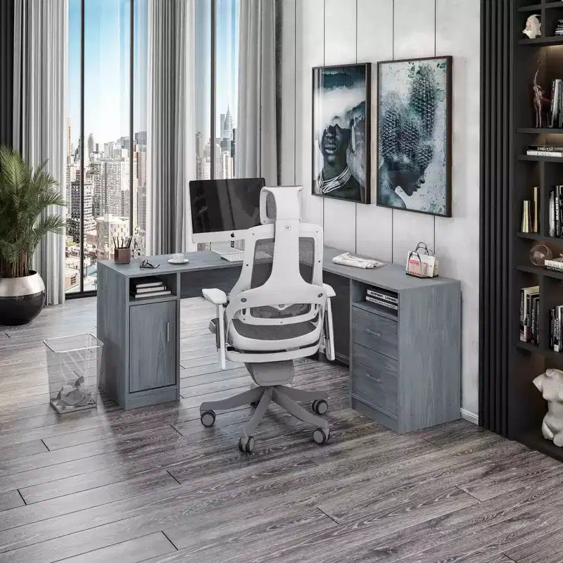 Bureau d'angle fonctionnel Techni Mobili avec rangement gris : bureau moderne avec tiroirs