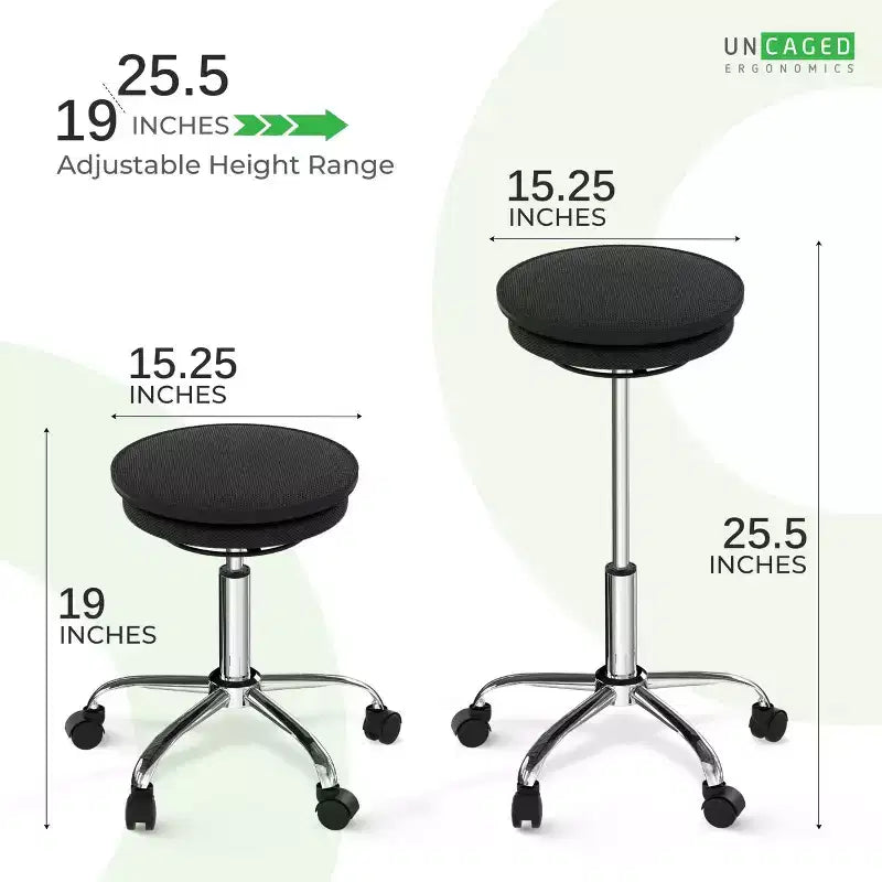 Tabouret de bureau réglable en hauteur Wobble Stool Air noir - Uncaged Ergonomics : équilibre roulant, engagement musculaire, revêtement en polyester, cadre en acier