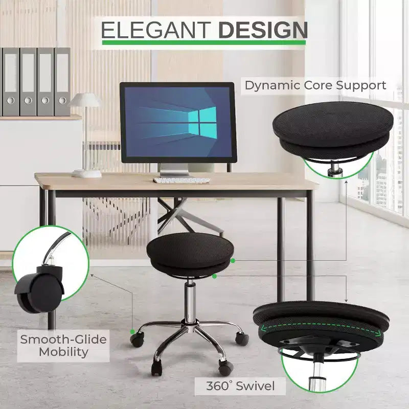 Tabouret de bureau réglable en hauteur Wobble Stool Air noir - Uncaged Ergonomics : équilibre roulant, engagement musculaire, revêtement en polyester, cadre en acier