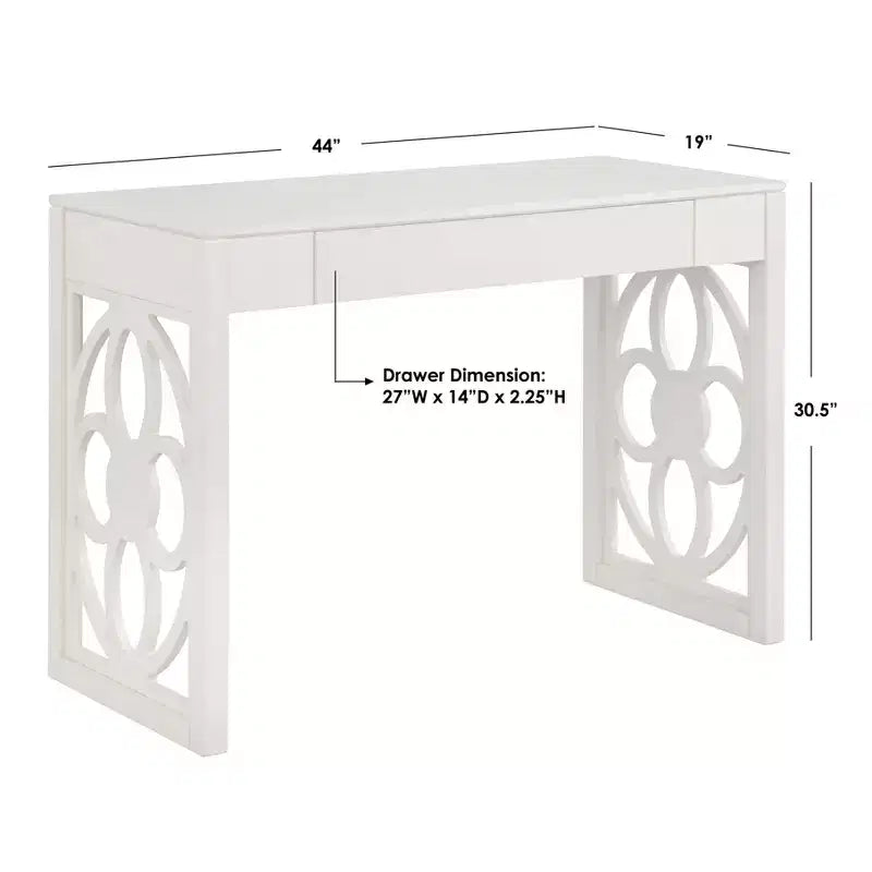 Bureau Lifestorey Allegory Floral Panel Legs Blanc : Bois d'hévéa massif, pieds à panneaux floraux, style moderne du milieu du siècle, 112 cm de large