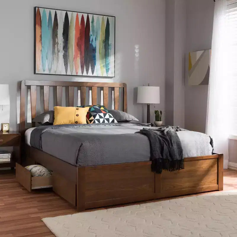 Lit plateforme moderne et contemporain Queen Raurey en noyer avec rangement : Marron, bois massif, rangement sous le lit, pas besoin de sommier tapissier